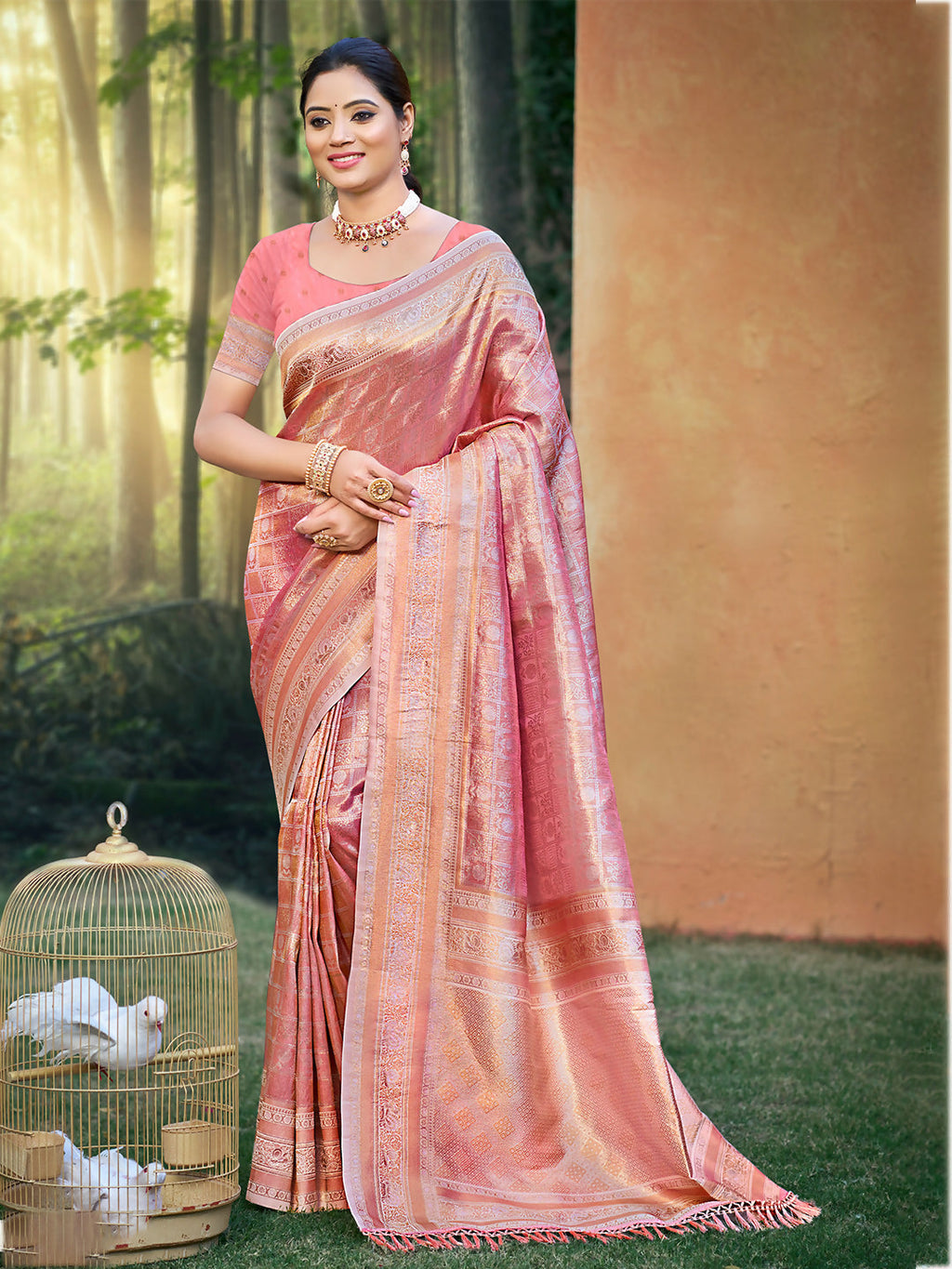 Sangam Prints Pastel Pink Kanjivaram Silk Woven Work Traditional Saree