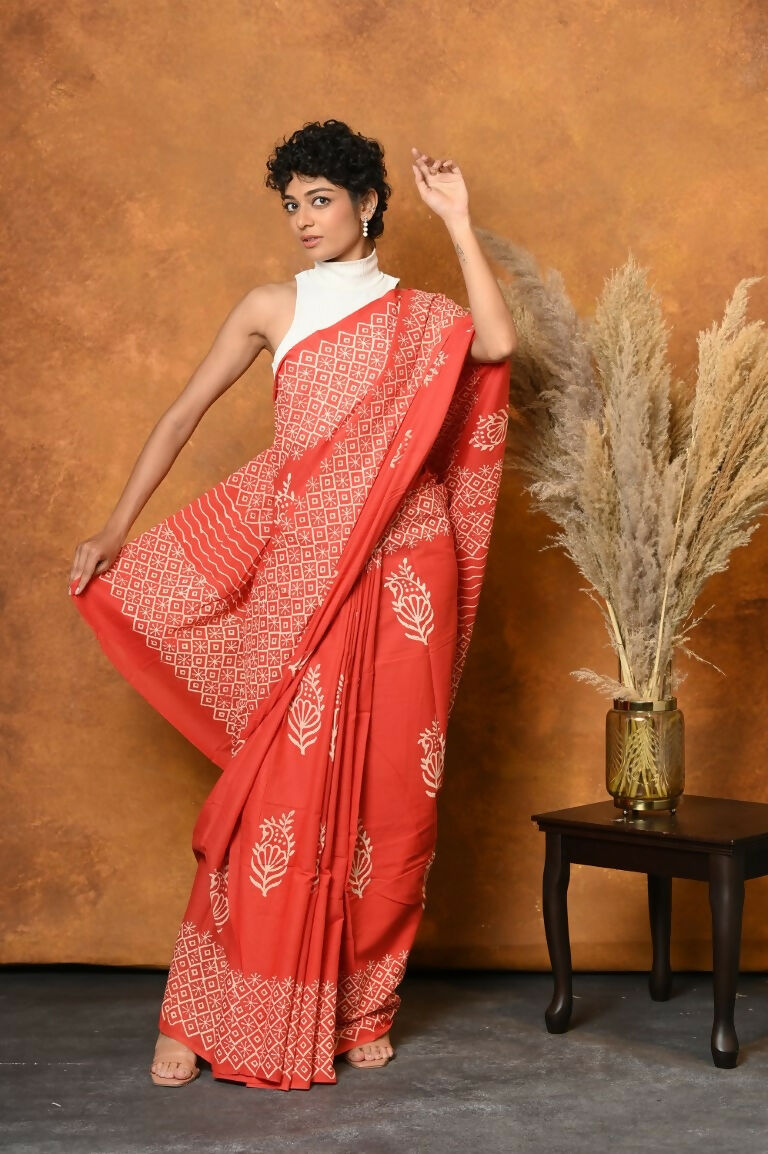 Very Much Indian Handblock Printed Cotton Saree With Natural Dyes - Orange