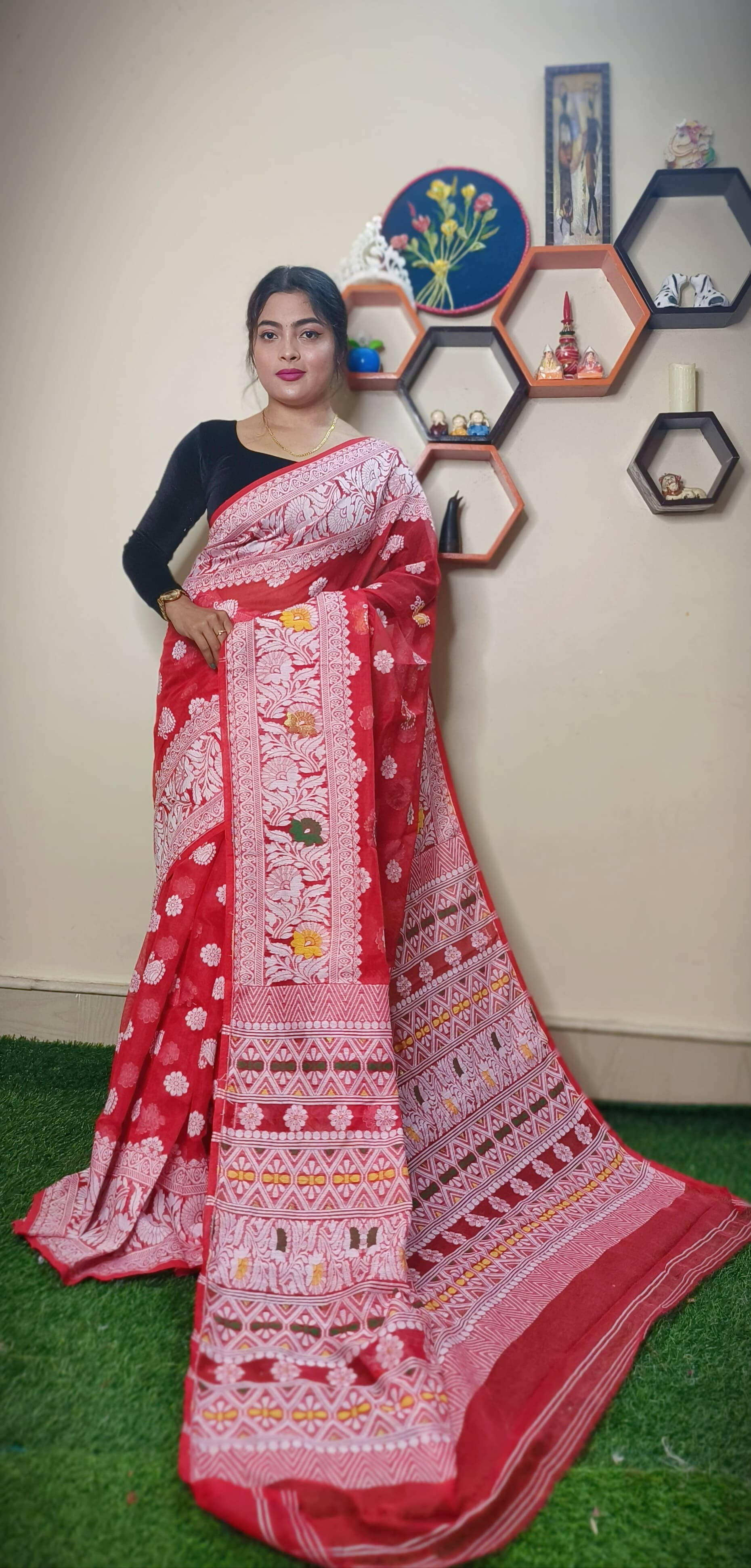 Exclusive Collection Handloom Dhakai Jamdani Saree - Red