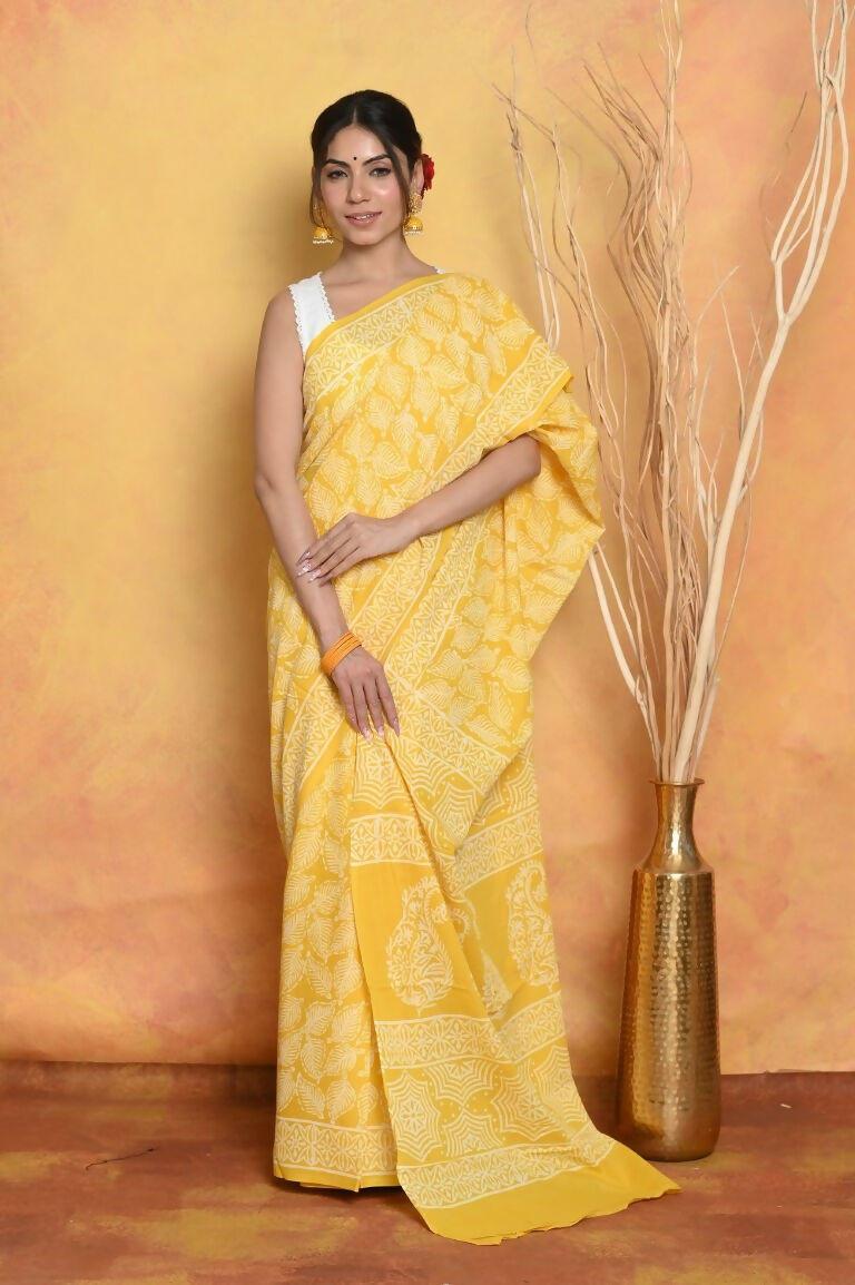 Very Much Indian Handblock Printed Cotton Saree With Natural Dyes - Yellow