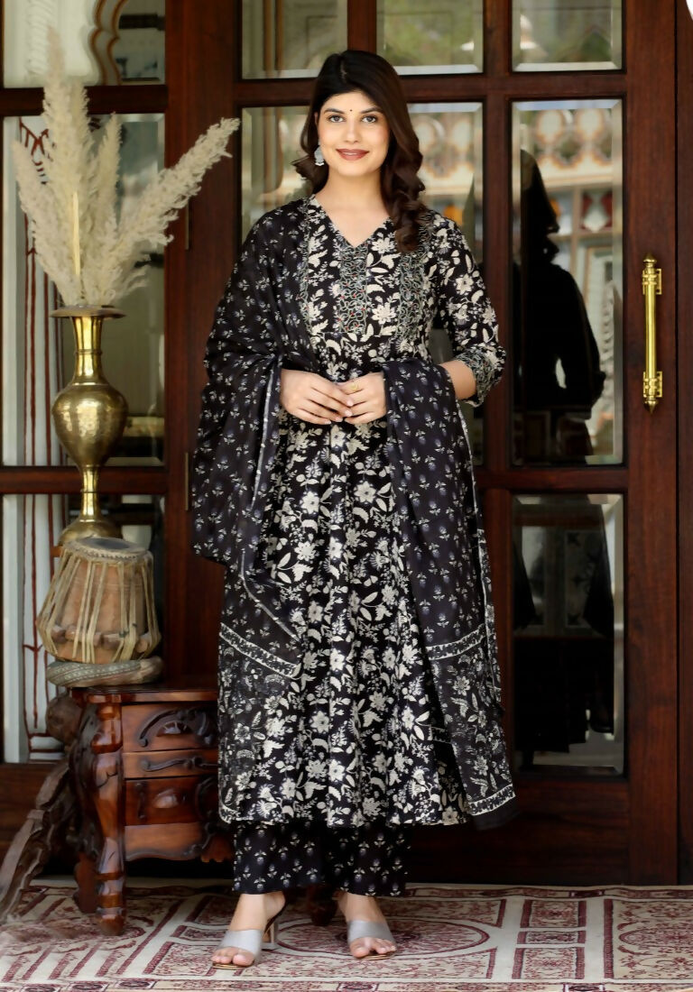 Miravan Women's Black Cotton Embroidered Attractive Anarkali Kurta And Palazzo With Dupatta Set