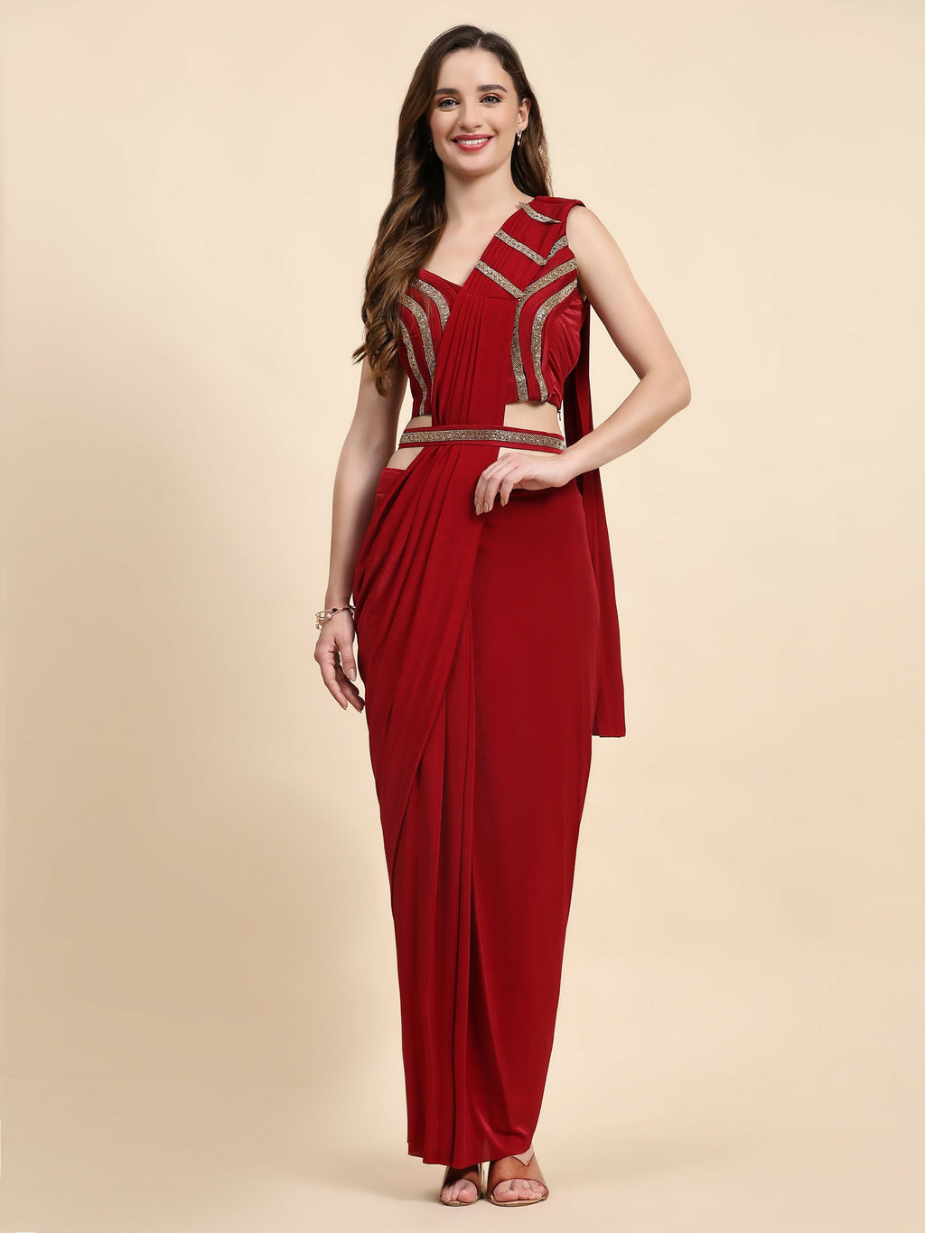 Red Imported Crystle Solid Ready to Wear Saree with stitched Blouse - Nita