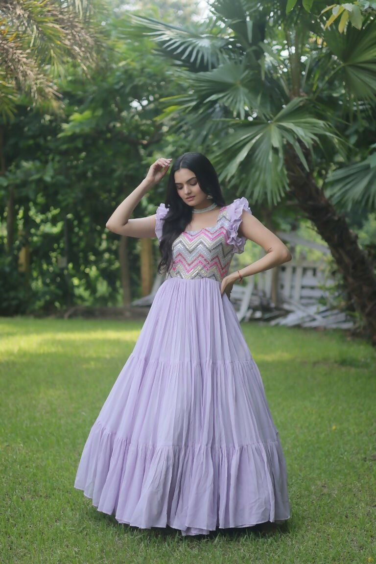 Jyoti Fashion Women's Purple Sequins Thread Embroidery Faux Georgette Anarkali Dress