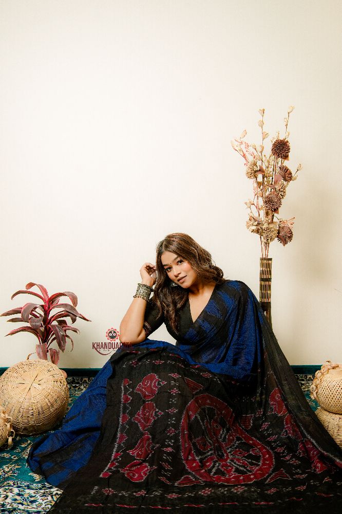 khanduapata Indigo Blue Plain Cotton Saree For Women