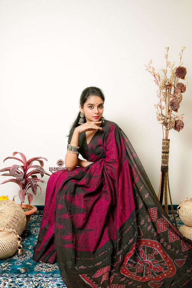 khanduapata Deep Red Plain Cotton Saree For Women