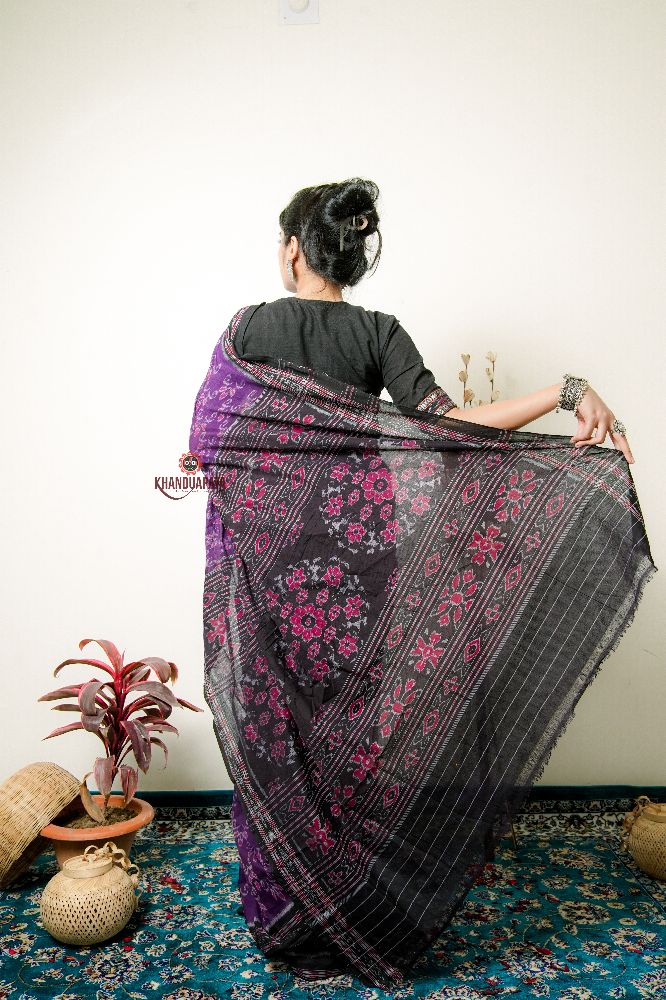 khanduapata Purple Flower Design Cotton Saree For Women