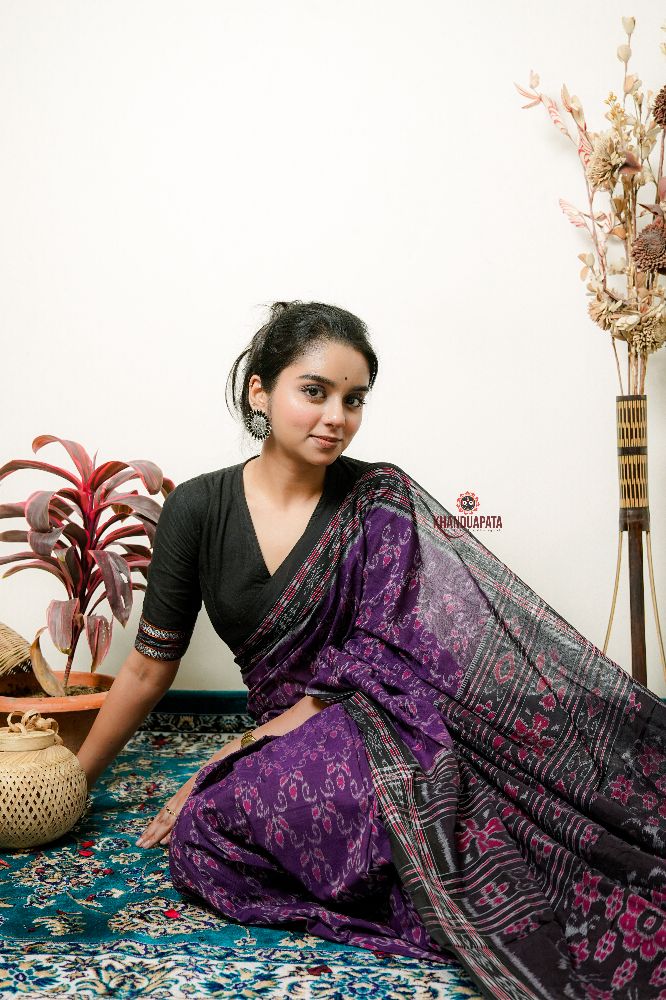 khanduapata Purple Flower Design Cotton Saree For Women