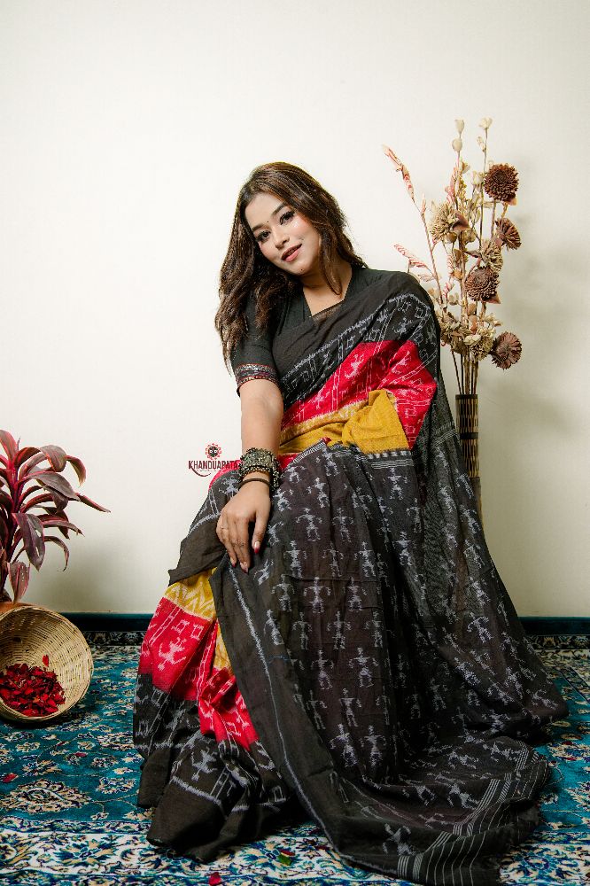 khanduapata Multicolor Tribal Doll Design Cotton Saree For Women