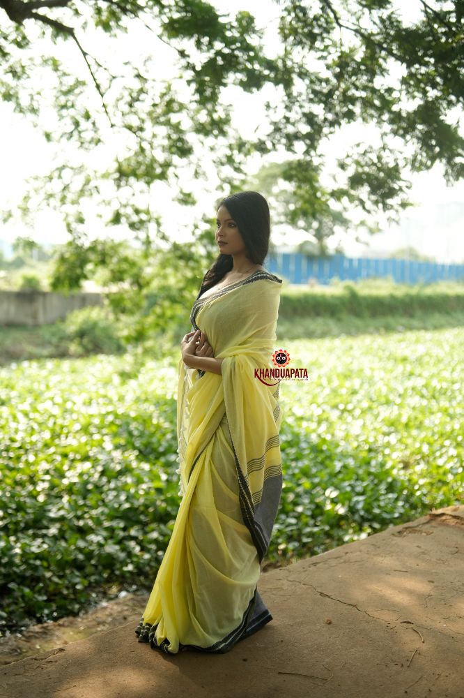 khanduapata Grey and Light Yellow Plain Cotton Saree For Women