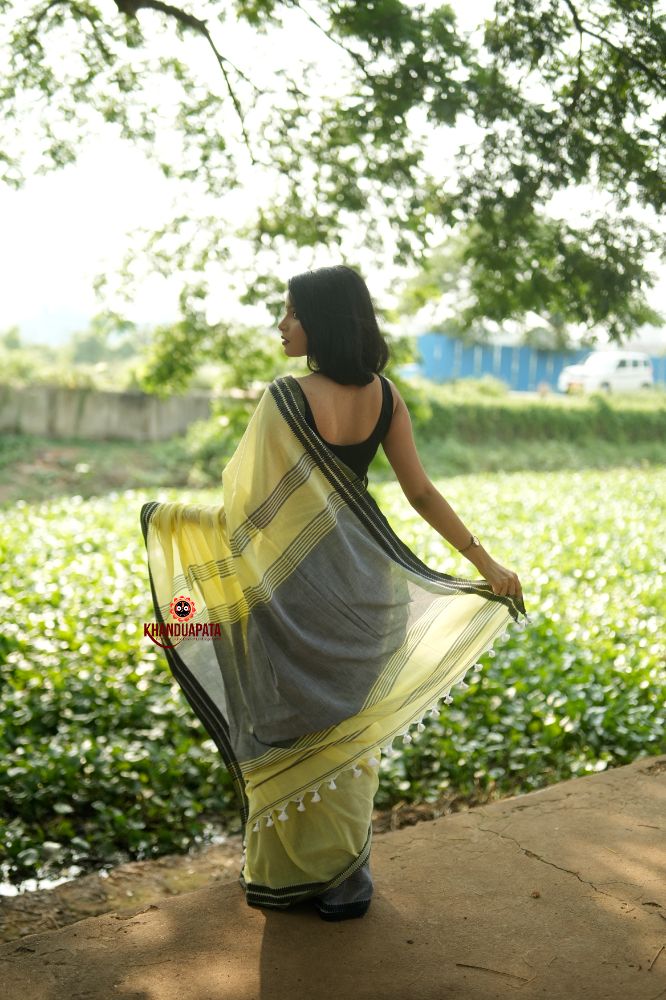 khanduapata Grey and Light Yellow Plain Cotton Saree For Women