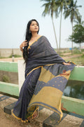 khanduapata Grey and Mustard Yellow Dot Pattern Cotton Saree For Women