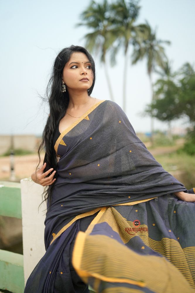 khanduapata Grey and Mustard Yellow Dot Pattern Cotton Saree For Women