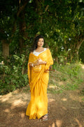 khanduapata White & Mustard Yellow Leaf Pattern Cotton Saree For Women
