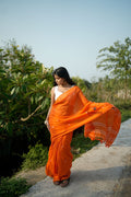 khanduapata Orange and White Leaf Pattern Cotton Saree For Women