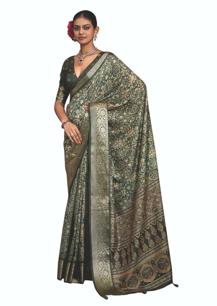 Joban Fashion Mehendi Green Dola Tussar Silk Self Jacquard Border Saree