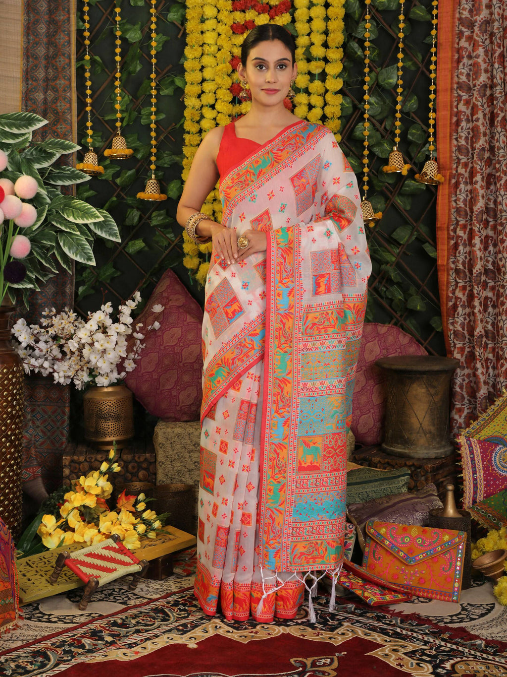 Shree Shyam Fashion Linen Cotton White Saree