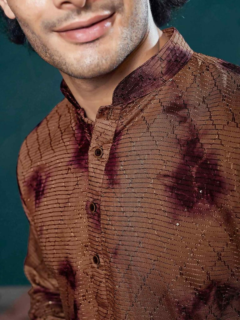 Wine Viscose Designer Sequance Embroidery Work Men's Kurta Set - Mahotsav