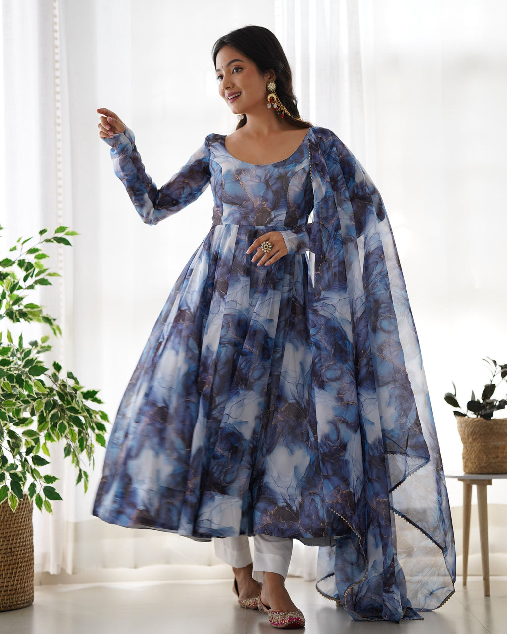Lehenga Mart Navy Blue Organza Silk Designer Anarkali Suit Set