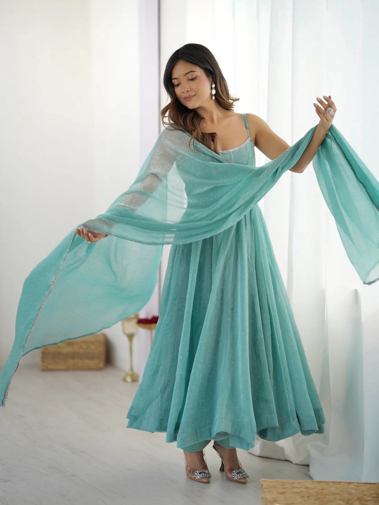 Lehenga Mart Aqua Crunchy Silk Designer Anarkali Suit Set