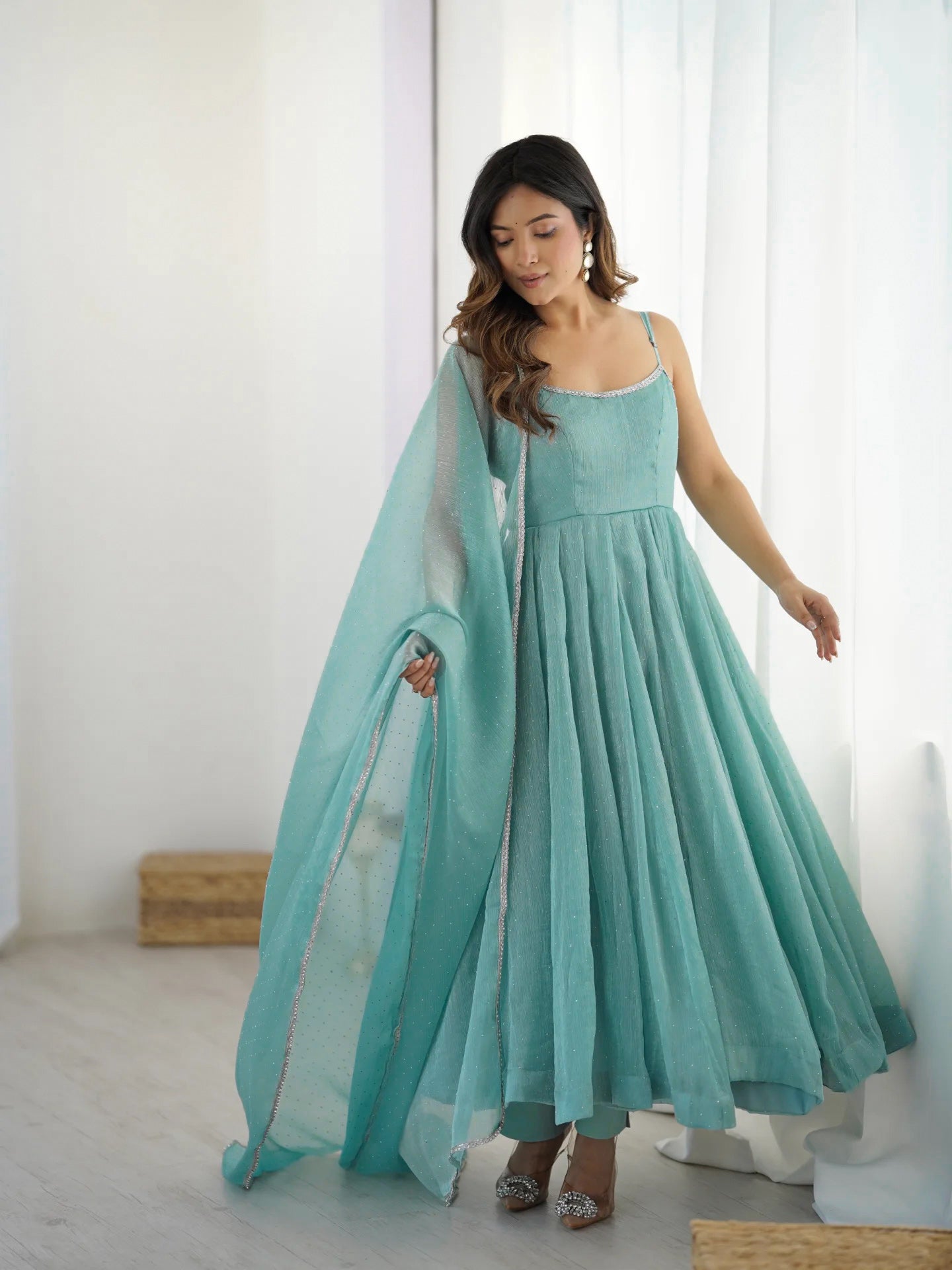 Lehenga Mart Aqua Crunchy Silk Designer Anarkali Suit Set