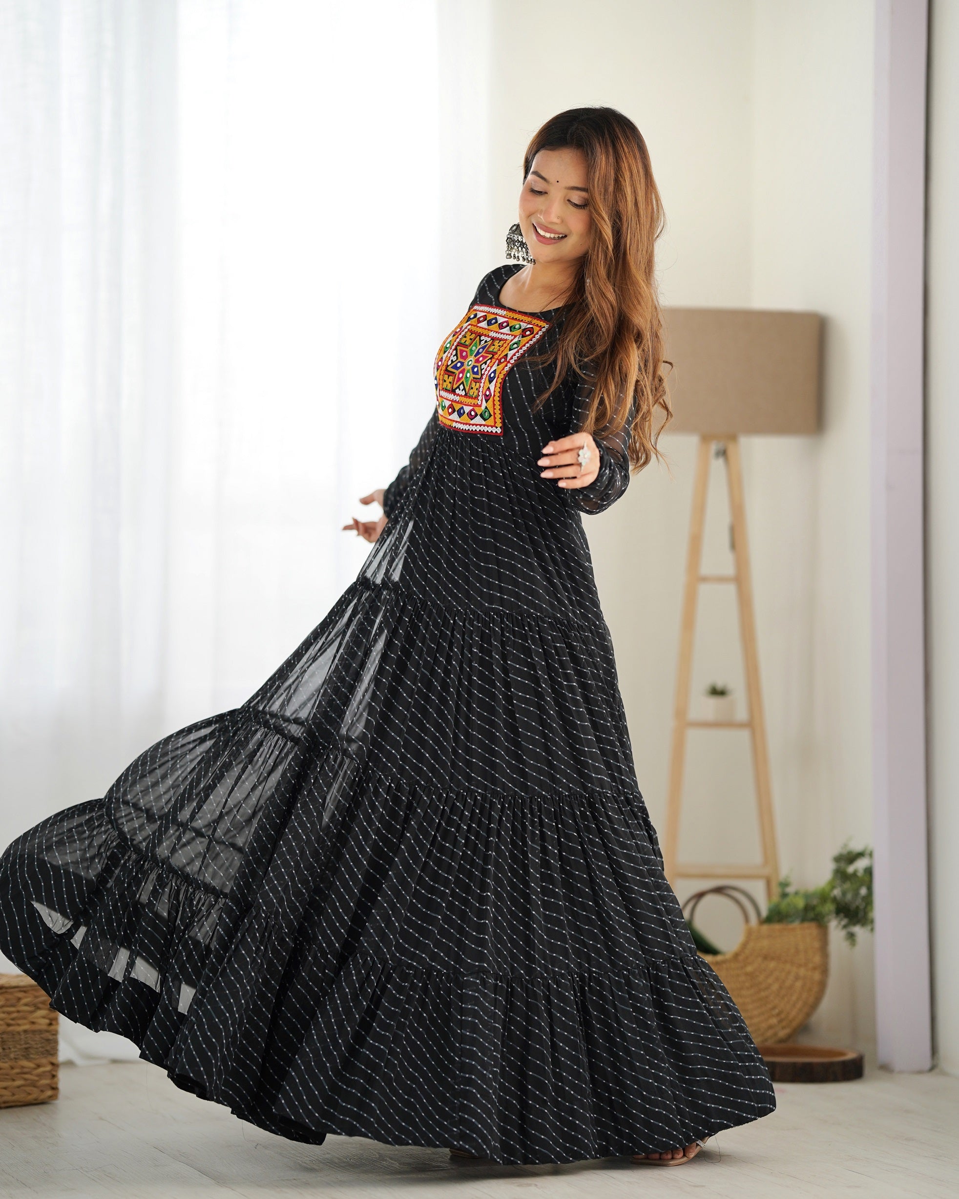 Lehenga Mart Black Faux Georgette Laheriya Print Fully Flair Anarkali Gown For Navratri