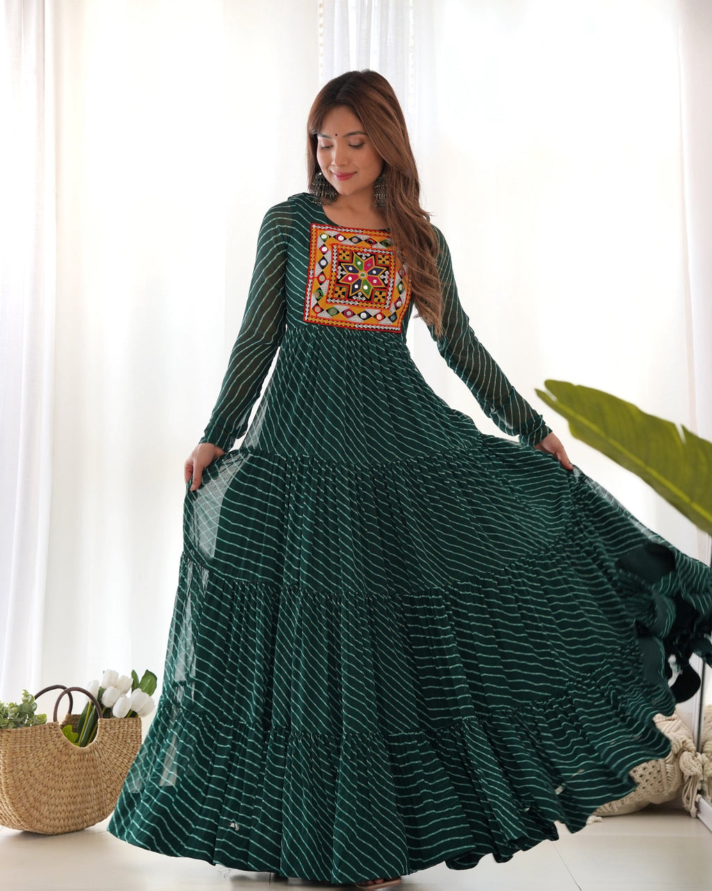Lehenga Mart Bottle Green Faux Georgette Laheriya Print Fully Flair Anarkali Gown For Navratri