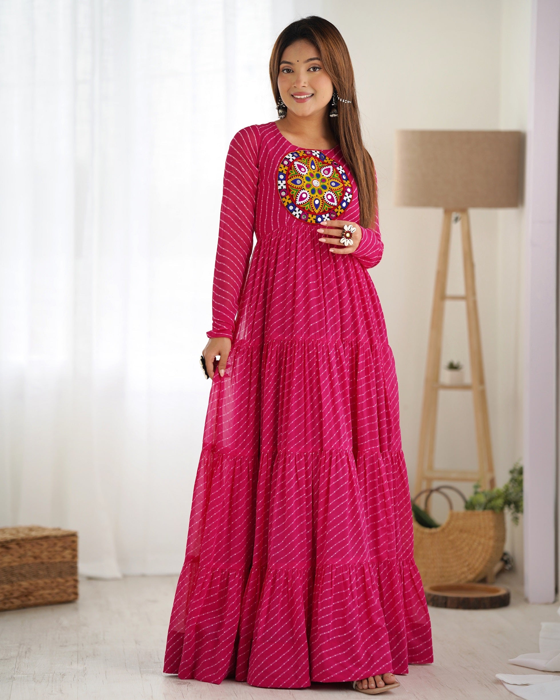 Lehenga Mart Rani Pink Faux Georgette Laheriya Print Fully Flair Anarkali Gown For Navratri