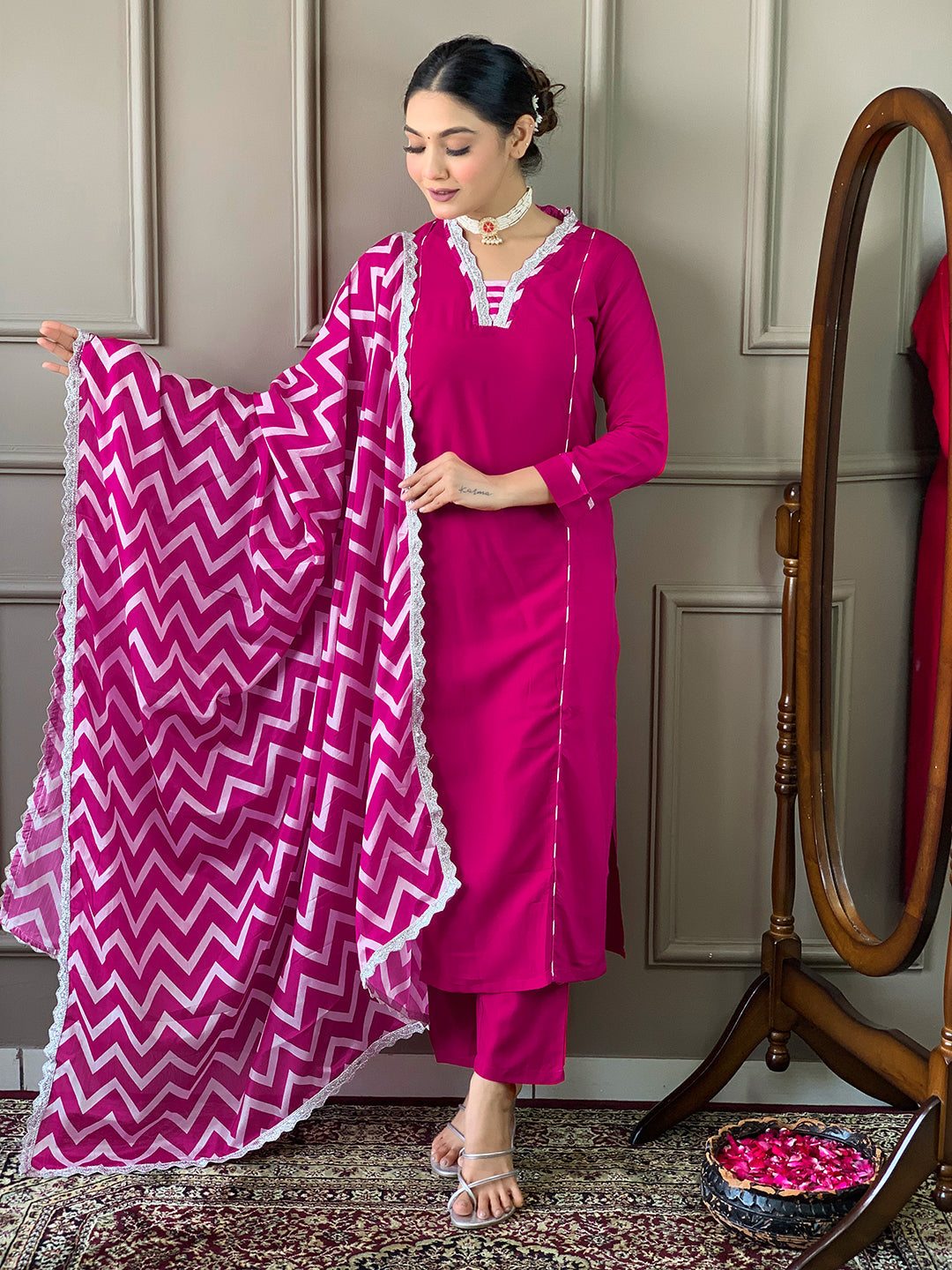 The52 Lemon Women Embroidered Viscose Straight Kurta Pant Dupatta Set
