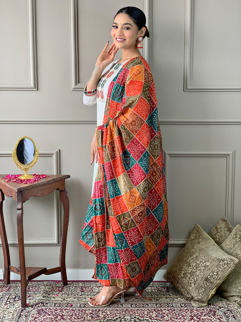The52 White Embroidered Viscose Fabric Straight Kurta, Pant and Dupatta Set