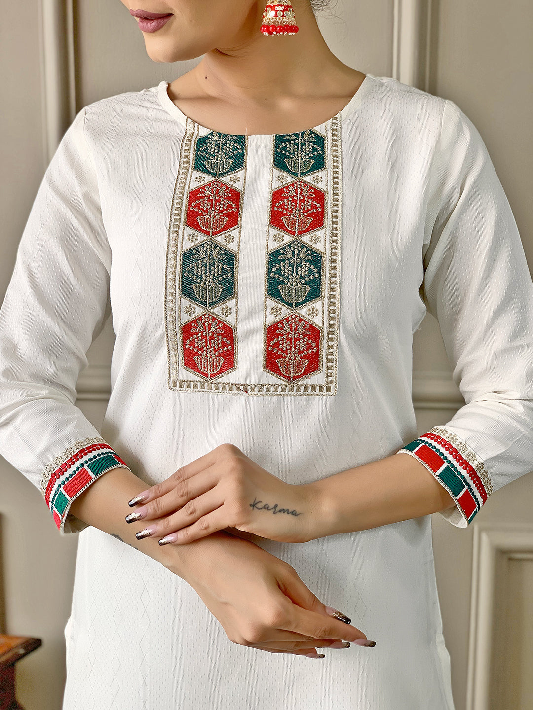 The52 White Embroidered Viscose Fabric Straight Kurta, Pant and Dupatta Set