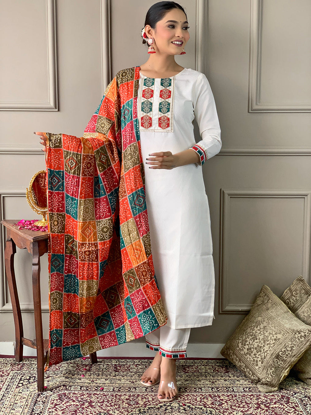 The52 White Embroidered Viscose Fabric Straight Kurta, Pant and Dupatta Set