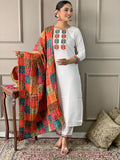 The52 White Embroidered Viscose Fabric Straight Kurta, Pant and Dupatta Set