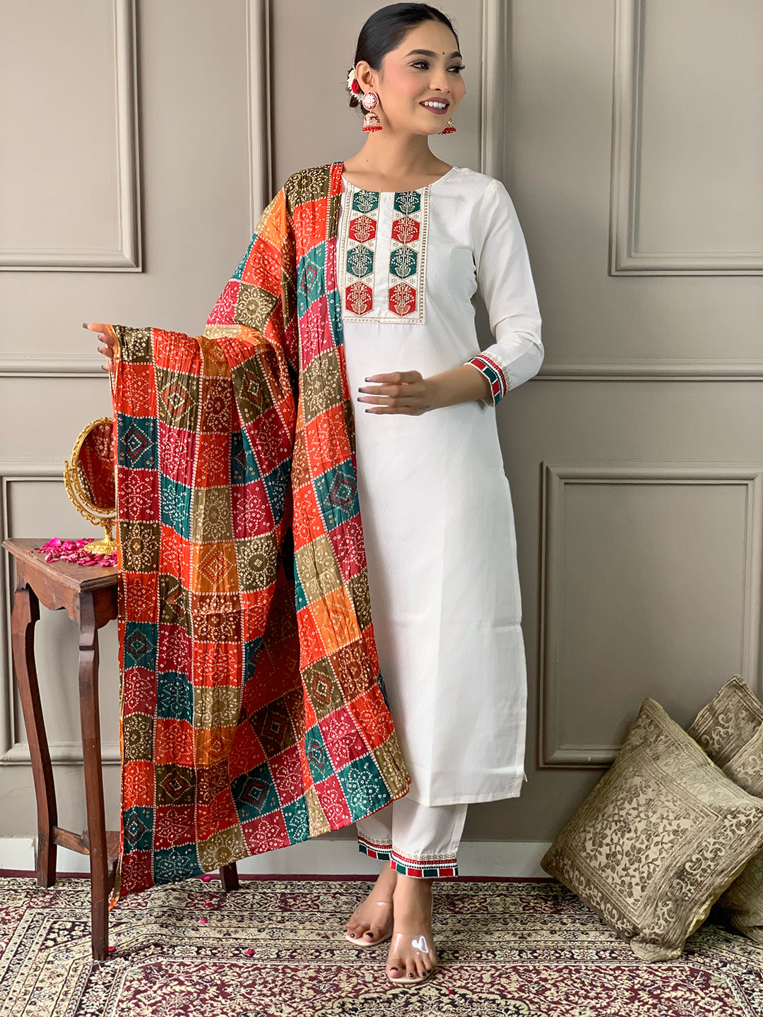 The52 White Embroidered Viscose Fabric Straight Kurta, Pant and Dupatta Set