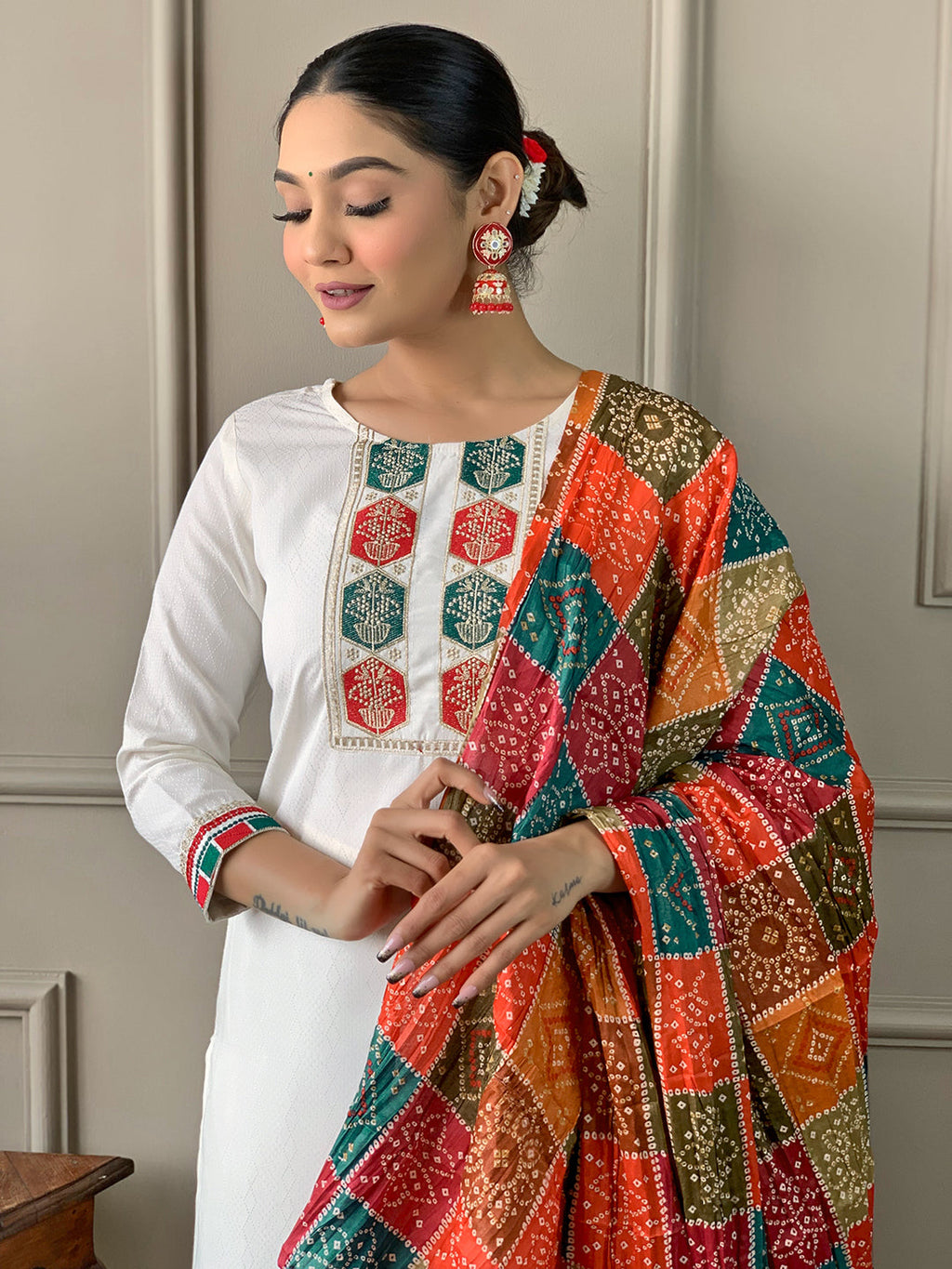 The52 White Embroidered Viscose Fabric Straight Kurta, Pant and Dupatta Set