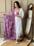 The52 Women White Chanderi Embroidered Kurta Pant Dupatta Set