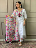 The52 Women White Chanderi Embroidered Kurta Pant Dupatta Set