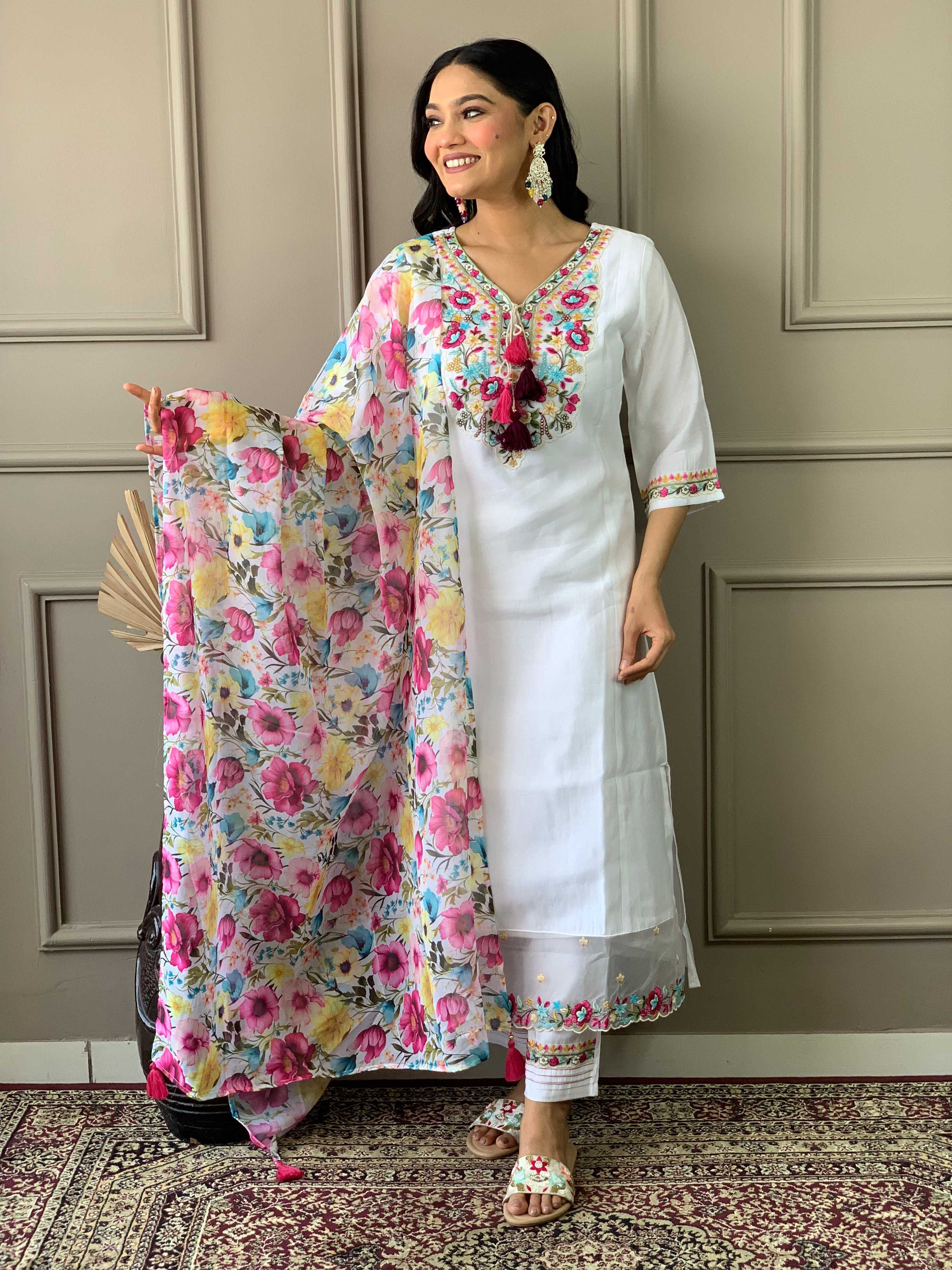 The52 Women White Chanderi Embroidered Kurta Pant Dupatta Set