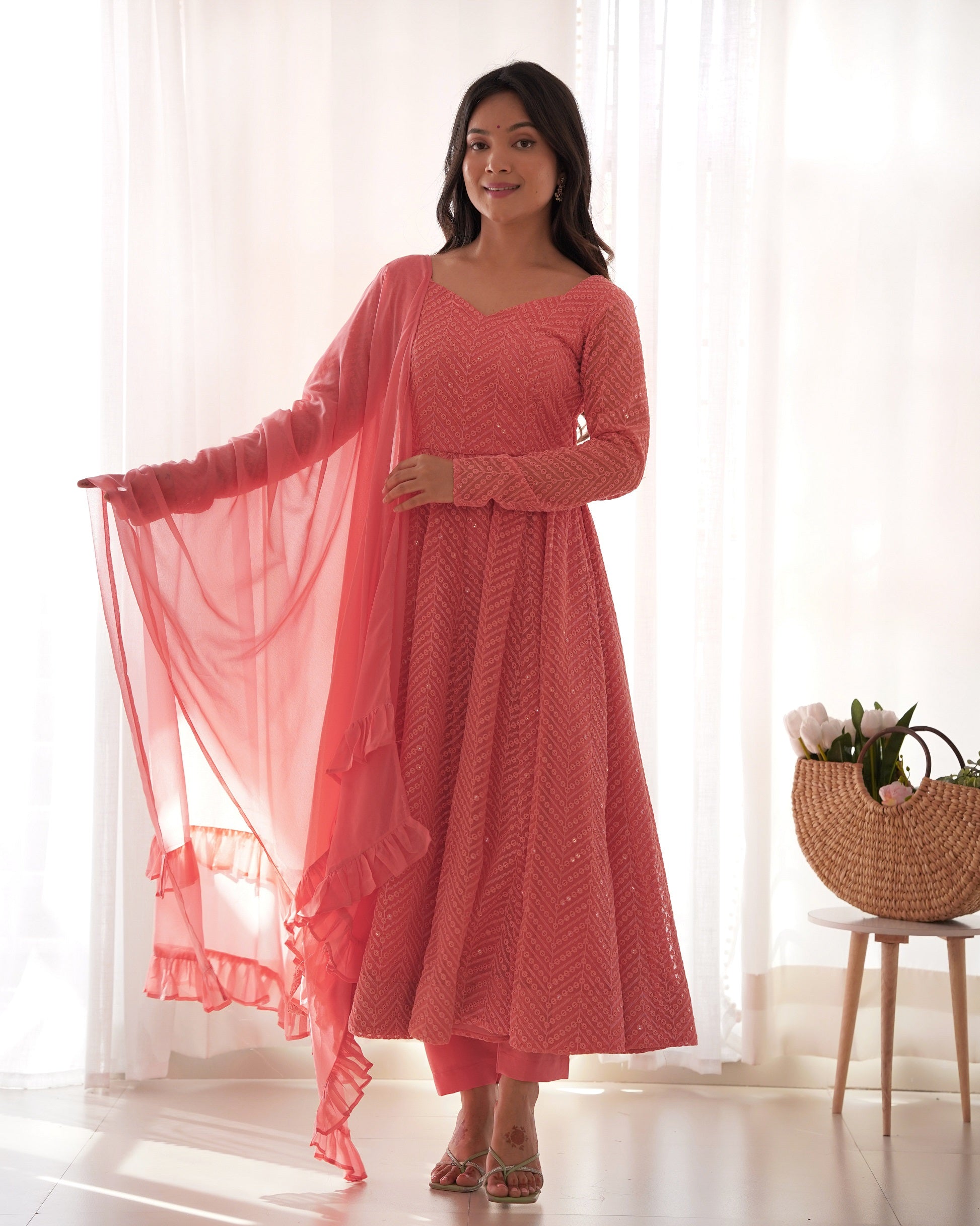 Lehenga Mart Peach Faux Georgette Classic Lukhnowi Georgette Fabric Anarkali Suit Set