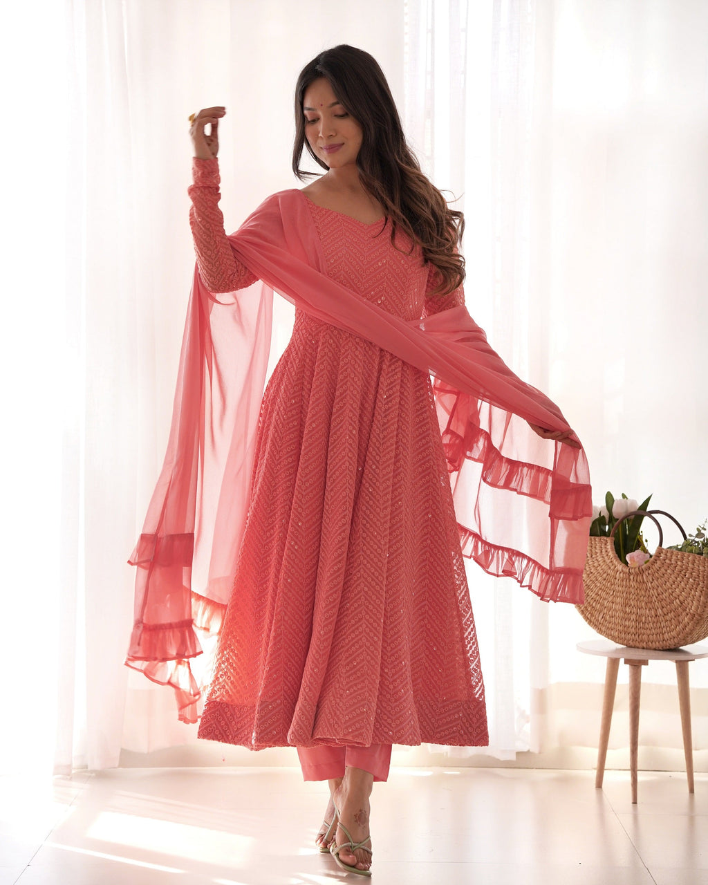 Lehenga Mart Peach Faux Georgette Classic Lukhnowi Georgette Fabric Anarkali Suit Set