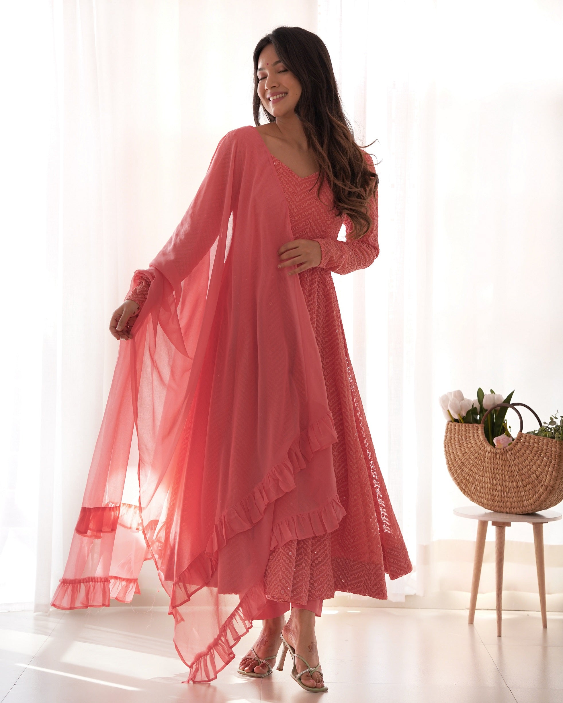 Lehenga Mart Peach Faux Georgette Classic Lukhnowi Georgette Fabric Anarkali Suit Set