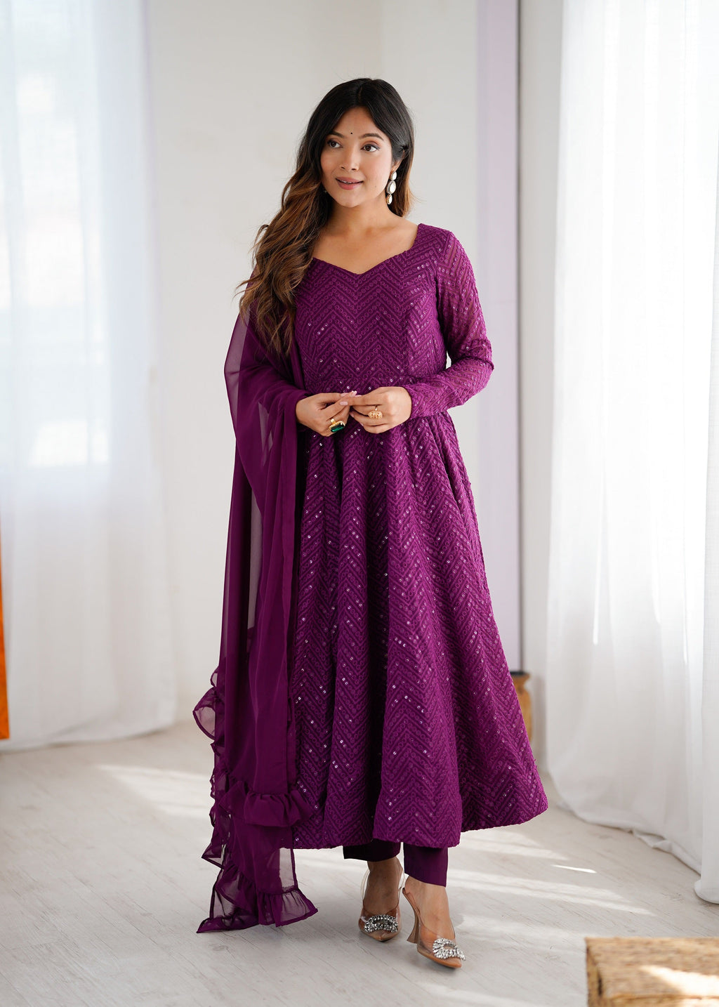 Lehenga Mart Wine Faux Georgette Classic Lukhnowi Georgette Fabric Anarkali Suit Set