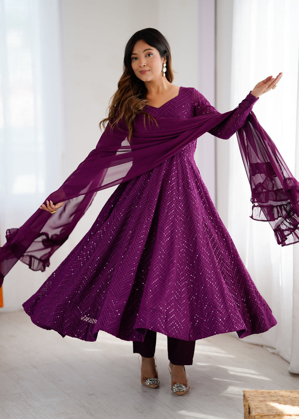 Lehenga Mart Wine Faux Georgette Classic Lukhnowi Georgette Fabric Anarkali Suit Set