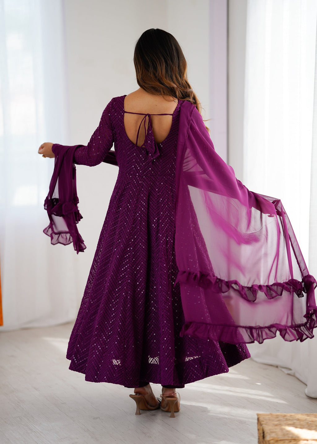 Lehenga Mart Wine Faux Georgette Classic Lukhnowi Georgette Fabric Anarkali Suit Set