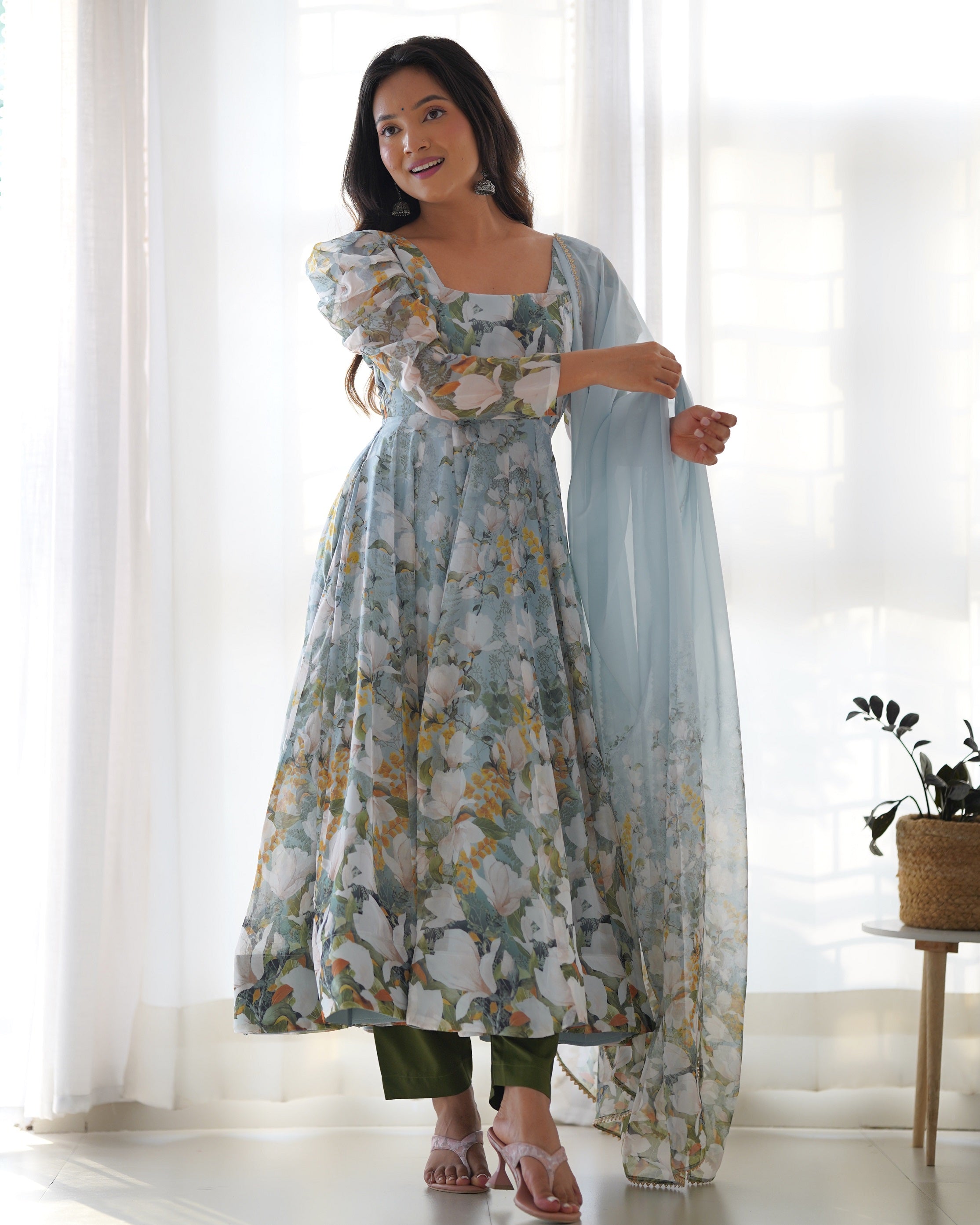 Lehenga Mart Multi Color Organza Silk Designer Organza Silk Floral Printed Anarkali Gown Suit