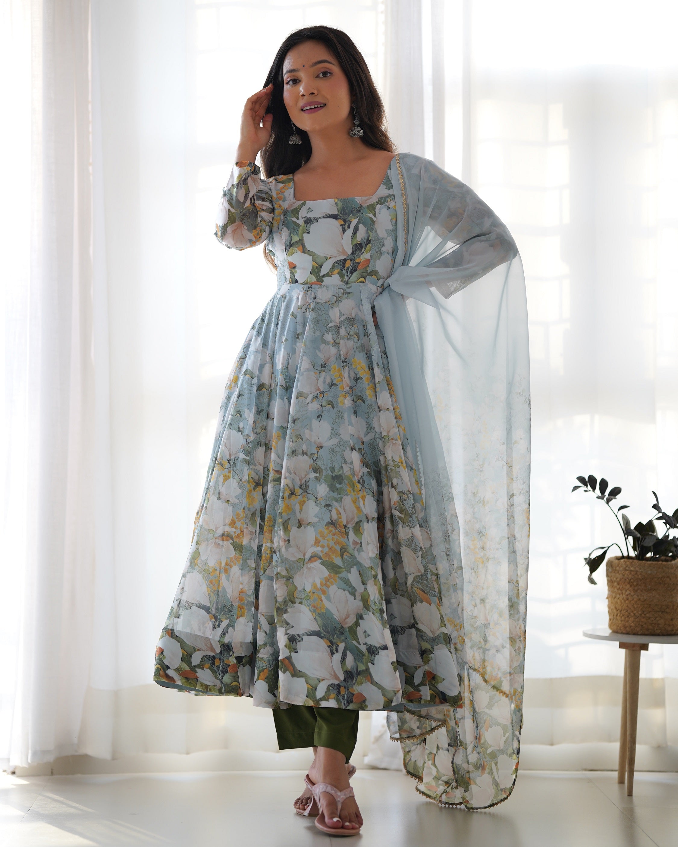 Lehenga Mart Multi Color Organza Silk Designer Organza Silk Floral Printed Anarkali Gown Suit