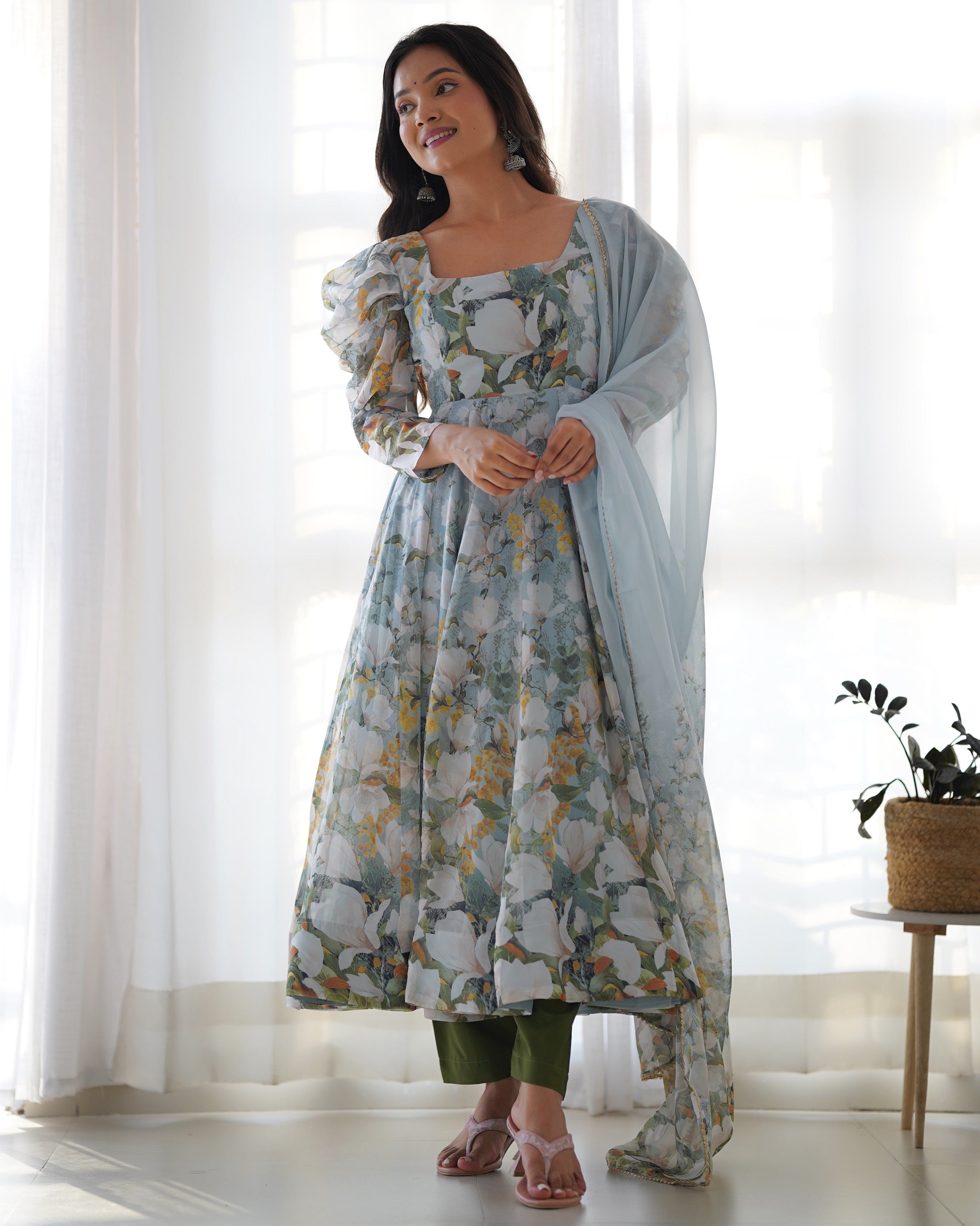 Lehenga Mart Multi Color Organza Silk Designer Organza Silk Floral Printed Anarkali Gown Suit