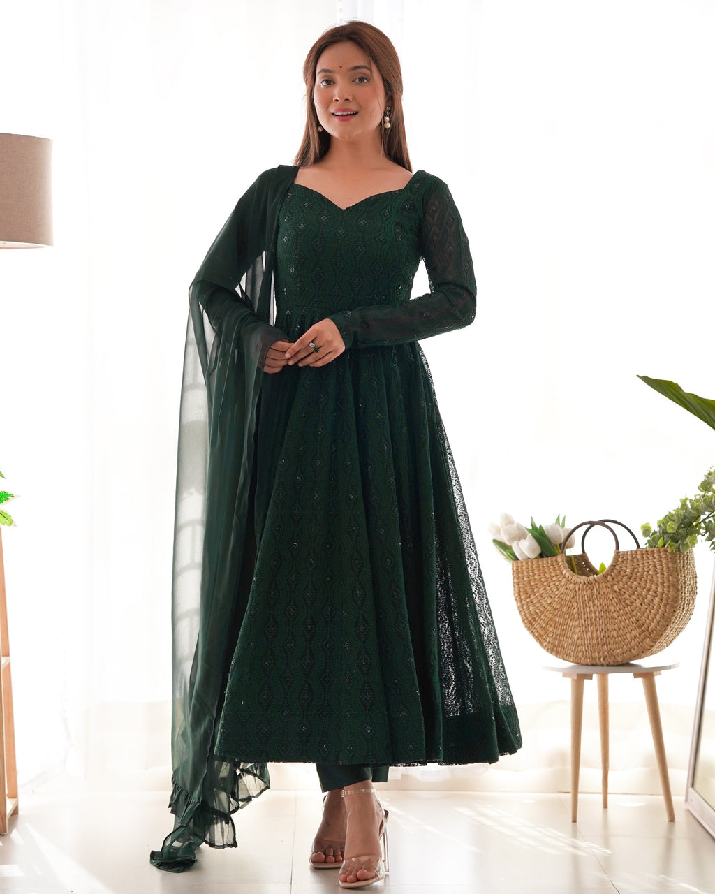 Lehenga Mart Green Faux Georgette Classic Lukhnowi Georgette Fabric Anarkali Suit Set