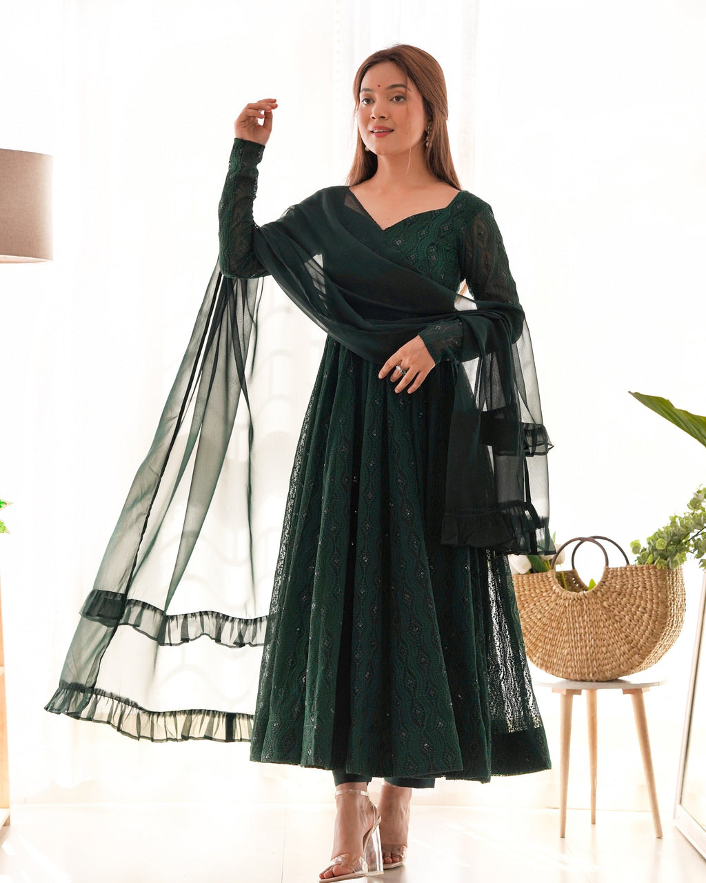 Lehenga Mart Green Faux Georgette Classic Lukhnowi Georgette Fabric Anarkali Suit Set