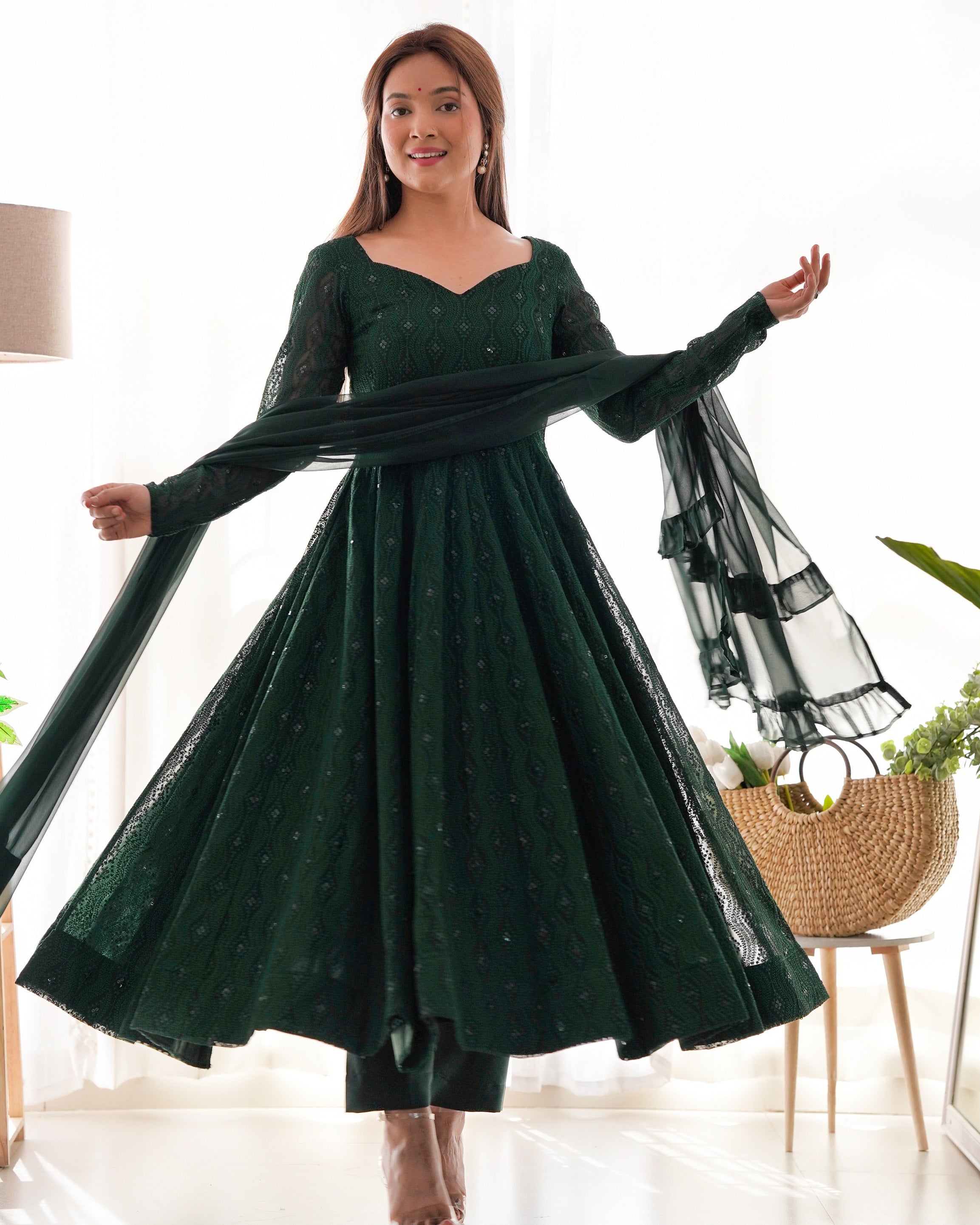 Lehenga Mart Green Faux Georgette Classic Lukhnowi Georgette Fabric Anarkali Suit Set