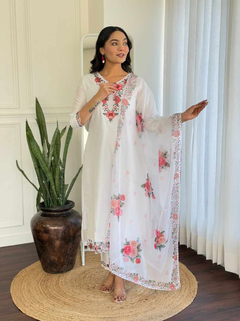 The52 Thread work on Viscose Fabric Straight Kurta, Pant and Dupatta Set